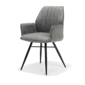 De Eetkamerstoel Clark zwart Stof Soft Steel is een moderne fauteuil met een grijs gestoffeerde zitting en rugleuning, zwarte metalen poten, slanke armleuningen en een mid-century design met schuine poten.