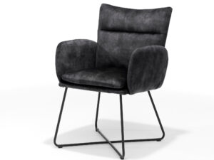 De Eetkamerstoel Sense zwart - Aurora Velours Antraciet is een moderne, donkergrijze velours eetkamerstoel met een gestoffeerde zitting en rugleuning, afgeronde armleuningen en zwarte, gekruiste metalen poten, afgebeeld op een effen witte achtergrond.