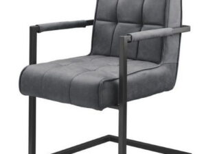 De Eetkamerstoel Patch zwart - Stof Soft Antraciet heeft een zwart metalen frame, gewatteerde armleuningen en een gewatteerde zitting en rugleuning in zachte antracietkleurige stof.