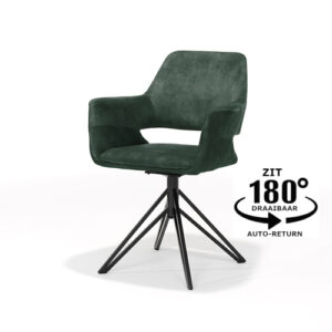 De Katy Eetkamerstoel - Aurora Velours Hunter is voorzien van moderne groene bekleding, armleuningen, zwart metalen poten en een draaibaar onderstel met 180° draaibare auto-return functie.