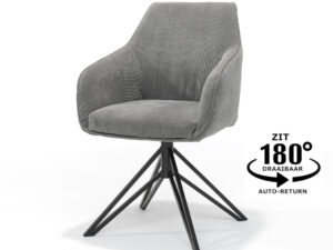 De Blues Eetkamerstoel in ribstof antraciet heeft een modern draaibaar design met schuin geplaatste zwarte metalen poten en een 180° draaivoet met auto-return, zoals te zien is op de ZIT 180° DRAAIBAAR AUTO-RETURN graphic naast de stoel.