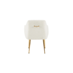 De CHAIR MILA VC802A GOLD + WHITE TEDDY is een moderne witte fauteuil met structuurbekleding, slanke gouden metalen poten en een klein gouden handvat aan de achterkant, van achteren gezien tegen een effen witte achtergrond.