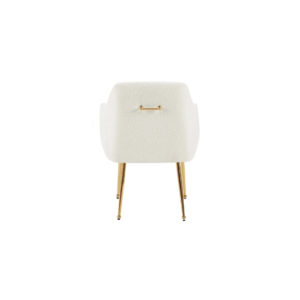 De CHAIR MILA VC802A GOLD + WHITE TEDDY is een moderne witte fauteuil met structuurbekleding, slanke gouden metalen poten en een klein gouden handvat aan de achterkant, van achteren gezien tegen een effen witte achtergrond.