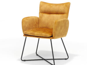 De Eetkamerstoel Sense zwart - Aurora Velours Gold heeft een mosterdgele velours bekleding, een zachte zitting en rugleuning en slanke, zwarte metalen poten met dwarsbalkondersteuning, tegen een witte achtergrond.