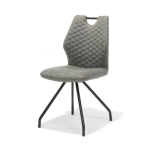 De Stoel Carlos zwart Stof Soft Steel is een moderne, grijze stoel met een rugleuning met ruitpatroon, een zachte zitting, schuine metalen poten en een handige uitsparing voor de handgreep aan de bovenkant.