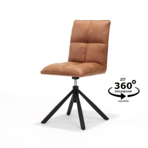 De Leon stoel T2 is voorzien van Bull Microleder CAMEL #09 bekleding, een gewatteerde zitting en rugleuning, zwarte metalen poten en een 360 graden draaivoet (weergegeven met een pijl en Nederlandse tekst).