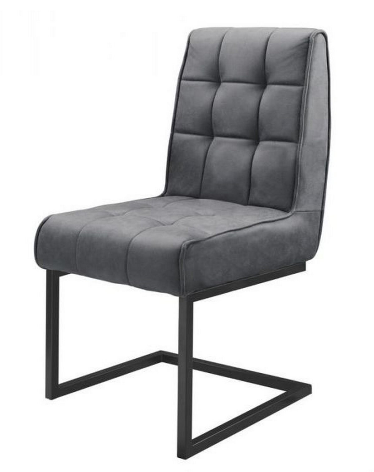 De Stoel Patch zwart - Stof Soft Antraciet is een moderne, grijs gestoffeerde stoel met een gecapitonneerde rugleuning en zitting, voorzien van een strak, zwart metalen onderstel.
