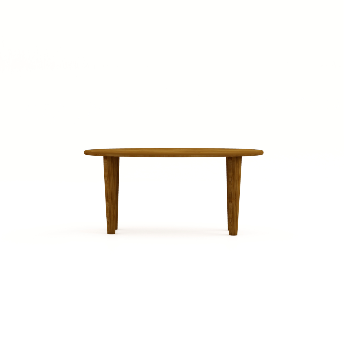 De HSM Collection-Ovale Bijzettafel Tide is een bruine mangohouten tafel (90x50x43 cm) met drie poten, van voren gezien tegen een effen witte achtergrond.
