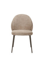 De eetkamerstoel taupe/beige zonder armleuning (set van 2) heeft een moderne afgeronde rugleuning en zitting in beige structuurstof met vier schuine donker metalen poten tegen een effen witte achtergrond.