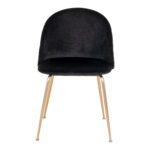 De Geneve Eetkamerstoel is een set van 2 moderne eetkamerstoelen in zwart fluweel met gebogen zittingen en rugleuningen, met vier slanke poten in messinglook, direct gefotografeerd tegen een effen witte achtergrond.