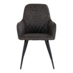 De Harbo Dining Chair (HN1229) is een set van 2 eetkamerstoelen van donkergrijs microvezel met zwarte poten, met stiksels in ruitpatroon op de rugleuning en licht gebogen armleuningen, van voren gezien tegen een witte achtergrond.