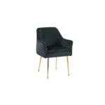 De CHAIR MILA VC802A GOLD + BLACK is een moderne zwart gestoffeerde fauteuil met een gebogen rugleuning en goudkleurige metalen poten, afgebeeld tegen een effen witte achtergrond.
