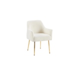 De CHAIR MILA VC802A GOLD + WHITE TEDDY heeft een witte teddy bekleding, gebogen armleuningen en vier slanke gouden metalen poten tegen een effen witte achtergrond.