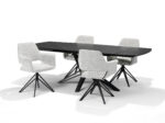 Een moderne zwarte rechthoekige eettafel in combinatie met vier Katy Eetkamerstoel Stof Teddy Champagne draaistoelen, elk bekleed met champagne teddy stof en geplaatst op schuine metalen poten, alles tegen een witte achtergrond.