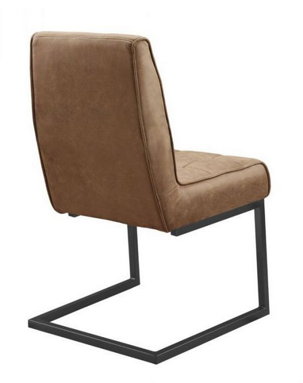 Een moderne stoel met een bruine, beklede rugleuning en zitting, ondersteund door een minimalistisch zwart metalen frame, van achteren gezien.