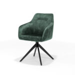 De Eetkamerstoel Jazz zwart draaivoet - Aurora Velours Hunter is een moderne fauteuil van groen velours met een gebogen rugleuning en een zwart metalen stervormige draaivoet, afgebeeld op een effen witte achtergrond.