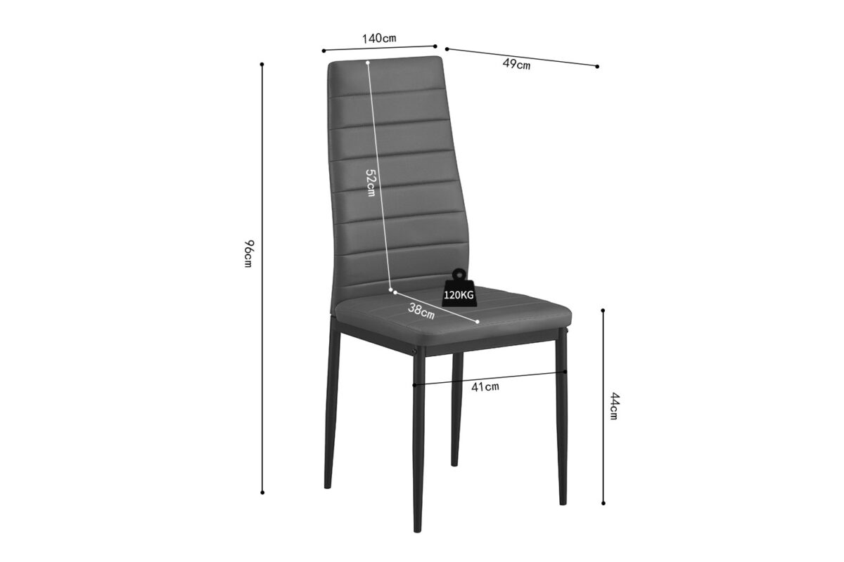 Set van 4 'Cato/Kenzo' PU Grey stoelen: moderne gecapitonneerde eetkamerstoelen met zwarte poten. Afmetingen: 96cm H, 49cm D, 41cm B, zithoogte 44cm, zitdiepte 38cm, rughoogte 52cm. Max. draagvermogen: 120kg per stuk.