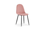 De 'Boy'-stoel heeft roze fluwelen bekleding op de zitting en rugleuning, slanke zwarte metalen poten en wordt afgebeeld tegen een witte achtergrond. Product: Stoel 'Boy' Fluweel Roze (4 per doos).