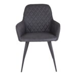 De Harbo Dining Chair set bestaat uit twee stoelen in donkergrijs PU met zwarte poten, met bekleding in ruitpatroon en gebogen armleuningen, van voren afgebeeld tegen een effen witte achtergrond.