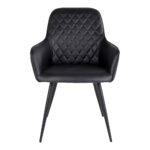 De Harbo Dining Chair set bestaat uit twee stoelen in zwart PU met een gewatteerde ruitvormige rugleuning, armleuningen en vier slanke zwarte schuine poten.