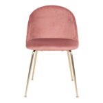 Vooraanzicht van de Geneve eetkamerstoel in roze fluweel met een afgeronde rugleuning en poten in messinglook (set van 2), getoond tegen een witte achtergrond.