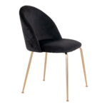 De Geneve Eetkamerstoel is een set van 2 moderne eetkamerstoelen met zwart fluwelen zittingen en rugleuningen, met slanke metalen poten in messing-look voor een eigentijdse touch.