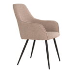 De Harbo Eetkamerstoel (HN1233) is een set van 2 moderne eetkamerstoelen in beige bouclé stof met een gebogen rugleuning en vier naar buiten gebogen zwart metalen poten.