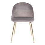De Geneve Eetkamerstoel is een moderne stoel met een gebogen, beklede zitting en rugleuning van grijs fluweel, op vier slanke poten in messinglook. De stoelen worden verkocht als een set van 2 en zijn gefotografeerd tegen een witte achtergrond.