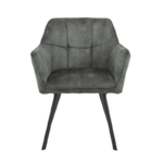 De Eetkamerstoel Emma Velvet Hunter Green is een moderne eetkamerstoel met een pluche fluwelen bekleding, gebogen armleuningen, een zachte zitting en schuine zwarte metalen poten. Afgebeeld van voren tegen een witte achtergrond in een strak minimalistisch ontwerp.