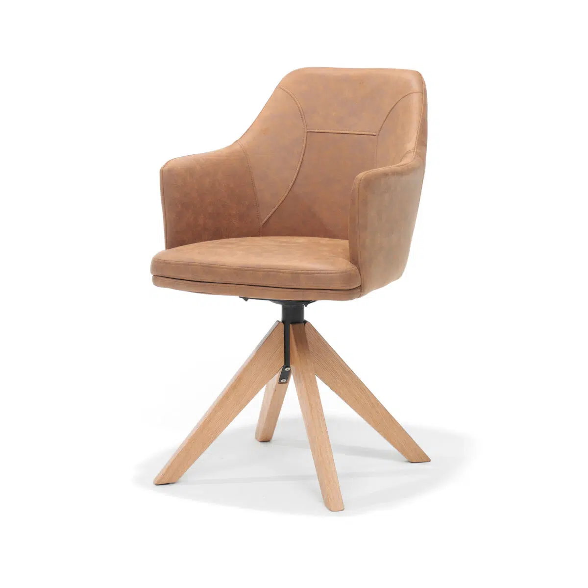 Een moderne fauteuil met een bruine leren zitting en rugleuning, voorzien van een houten draaivoet met vier poten. De stoel heeft een strak, minimalistisch design en oogt comfortabel voor gebruik op kantoor of in de woonkamer.