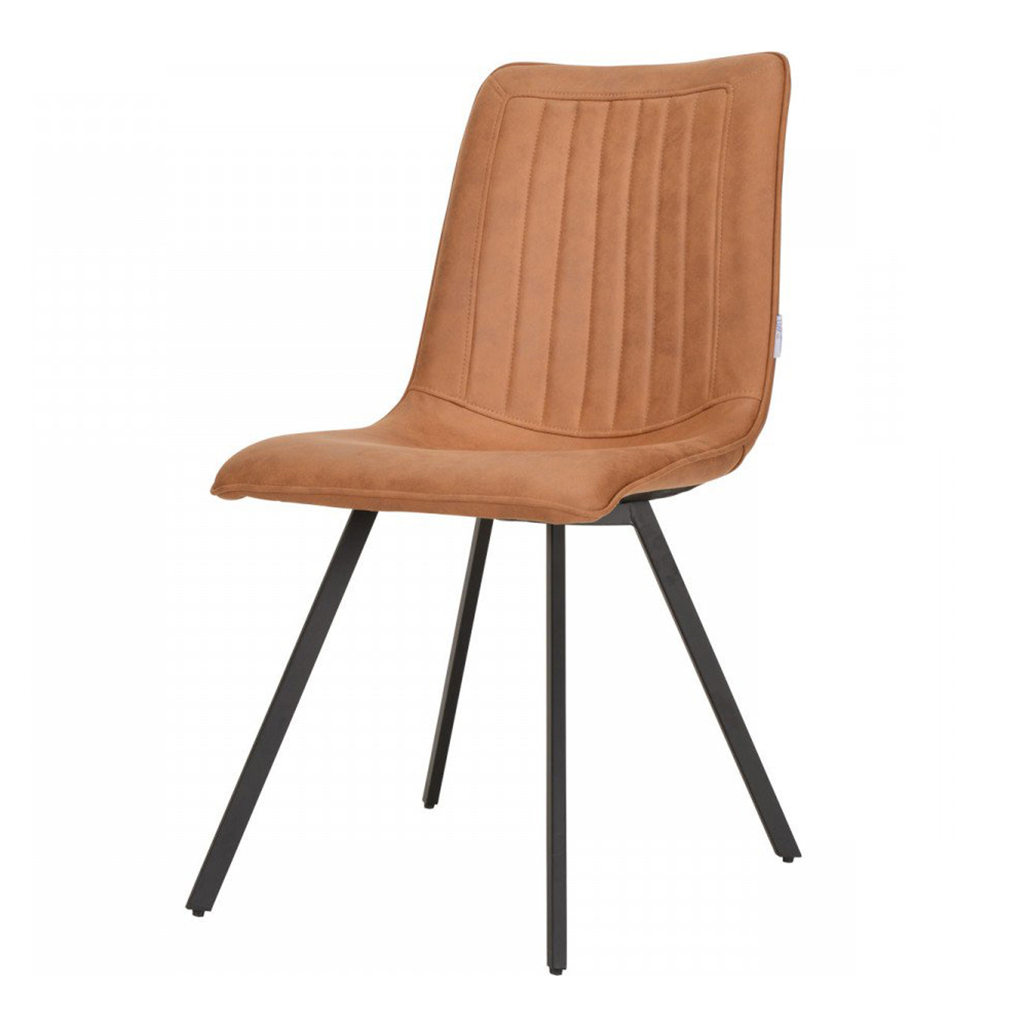 Bruin gestoffeerde stoel met verticale stiksels op de zitting en rugleuning. De zwarte metalen poten staan wijd uit, wat zorgt voor een moderne uitstraling. De stoel staat op een effen witte achtergrond.