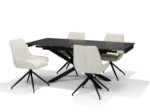 Een moderne eetkamerset met een rechthoekige donkere tafel en vier wit gestoffeerde stoelen. De tafel heeft X-vormige zwarte metalen poten en de stoelen hebben draaivoeten met bijpassende zwarte poten. De achtergrond is effen wit.