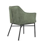 De Eetkamerstoel Boston Middle Green is een moderne stoel met een saliegroen gestoffeerde zitting en rugleuning, zwart metalen poten en een hoekig minimalistisch ontwerp, getoond vanaf de achterkant.
