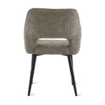 De Eetkamerstoel Ray - Taupe is een moderne stoel met een gestructureerde taupekleurige bekleding, een uitsparing in de onderrugleuning en vier slanke zwarte schuine poten, van achteren gezien tegen een witte achtergrond.