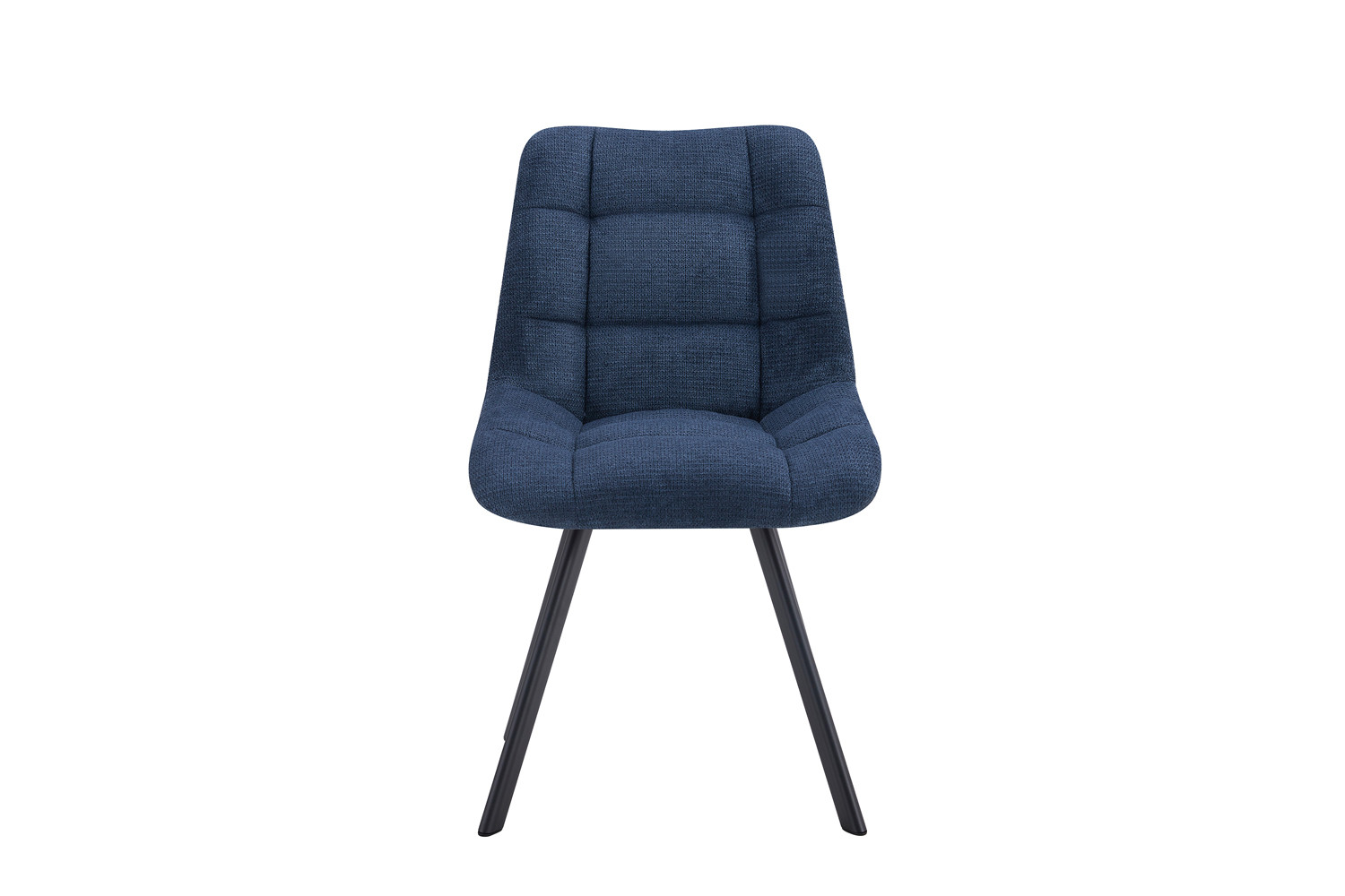 De Stoel 'Lizzy' Stof Ote Share 315 Blauw heeft blauwe bekleding, een gecapitonneerde getufte rugleuning en zitting, plus vier zwarte gehoekte metalen poten; elke doos bevat 2 stoelen. Afgebeeld tegen een witte achtergrond.