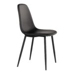 Set van 2 Stockholm eetkamerstoelen in zwart PU met gebogen rugleuningen, gladde zittingen en vier slanke zwarte metalen poten, weergegeven op een witte achtergrond.