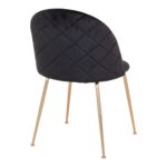 De Geneve Eetkamerstoel is een moderne stoel van zwart fluweel met een gewatteerde, gebogen rugleuning en slanke poten in messinglook, van achteren schuin afgebeeld tegen een witte achtergrond. (Set van 2).