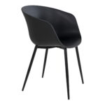 De Roda Dining Chair set bestaat uit twee moderne zwarte stoelen, elk met een gebogen kunststof zitting en slanke zwarte metalen poten, tegen een witte achtergrond.