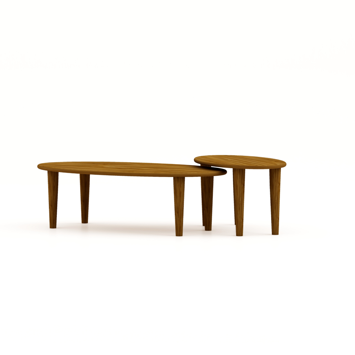 Twee HSM Collection Ovale Bijzettafels Tide van bruin mangohout - een ovaal (90x50x43 cm) en een kleiner rond - hebben taps toelopende poten en staan naast elkaar op een effen witte ondergrond.