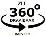 Tekst in het Nederlands op witte achtergrond: ZIT 360° DRAAIBAAR GASVEER met een pijl onder een cirkelvormige pijl, hetgeen duidt op een 360 graden draaibare stoel met gaslift.