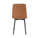De Eetkamerstoel Minsk - Microleder Cognac is een moderne stoel met een bruine microlederen rugleuning en zitting met vier zwarte metalen poten, van achteren gezien tegen een witte achtergrond.