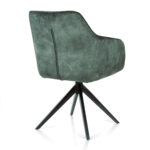 De Eetkamerstoel Jazz zwart draaivoet in Aurora Velours Hunter heeft een donkergroene bekleding, een zwart metalen draaivoet en een eigentijds ontwerp met een centrale naad op de rugleuning, van achteren gezien tegen een witte achtergrond.