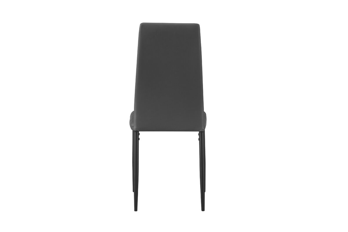 Een set van vier 'Cato/Kenzo' stoelen in grijs PU, met hoge, licht gebogen rugleuningen en slanke poten, van achteren gezien tegen een witte achtergrond.