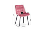 Stoel 'Juta' Fluweel Roze (2 per doos): roze gestoffeerde stoel met zwarte poten, hoogte 82cm, rugleuning 43cm, zitdiepte 44cm, breedte 50cm, lengte 59cm, zithoogte 47cm, max. draagvermogen 120kg.