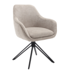 De Eetkamerstoel Jens | Beige is een moderne fauteuil met lichtbeige stof, een gebogen rugleuning en zwarte metalen poten in een vierpuntig onderstel, met een minimalistisch eigentijds ontwerp.