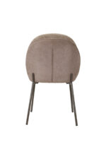 Set van 2 eetkamerstoelen in taupe/beige zonder armleuningen, met een ronde gecapitonneerde rugleuning en vier schuine metalen poten, bekleed met beige stof en van achteren afgebeeld tegen een witte achtergrond.