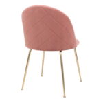 De Geneve eetkamerstoel heeft een met rozenfluweel gewatteerde, gebogen rugleuning en zitting met vier slanke poten in messinglook. Deze elegante, minimalistische stoel wordt van achteren getoond. Verkocht als set van 2.