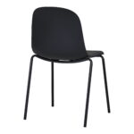 De Dining chair, zwart, HN1264 (set van 2), heeft een modern ontwerp met een gebogen rugleuning, vier slanke metalen poten en een donkere beklede zitting, van achteren en iets opzij afgebeeld tegen een witte achtergrond.