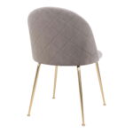 De Geneve Eetkamerstoel is een grijs fluwelen eetkamerstoel met een gewatteerde rugleuning en messinglook poten, met een ronde rug en een elegant ontwerp. Set van 2, schuin van achteren afgebeeld.