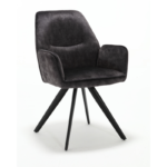 De Eetkamerstoel Nova | Antraciet is een moderne donkergrijs gestoffeerde fauteuil met een gecapitonneerde zitting en rugleuning, op vier schuine zwart metalen poten, tegen een witte achtergrond.